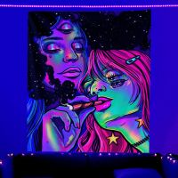 Hippie Rock e Girl Black Light Wall Tapestry UV Reactive Room Decor Aesthetic Luminous Neon Skull Tapestry Bedroom Decor