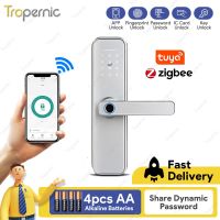 Tuya Zigbee ล็อกเกอร์ประตูสมาร์ทลายนิ้วมือไบโอเมตริกซ์โรงแรม Airbnb Keyless Entry Home Handle App ปลดล็อคดิจิตอลอัจฉริยะ