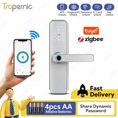 Tuya Zigbee ล็อกเกอร์ประตูสมาร์ทลายนิ้วมือไบโอเมตริกซ์โรงแรม Airbnb Keyless Entry Home Handle App ปลดล็อคดิจิตอลอัจฉริยะ