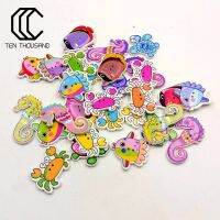 Tenthousnad NEW 50Pcs Sea Marine Animals Fish Crabs Seahorse 2 Holes Sewing Wood Buttons