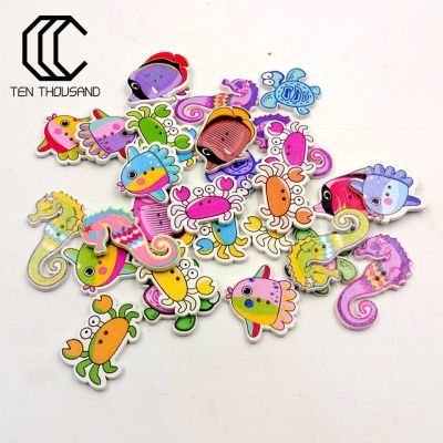 Tenthousnad NEW 50Pcs Sea Marine Animals Fish Crabs Seahorse 2 Holes Sewing Wood Buttons