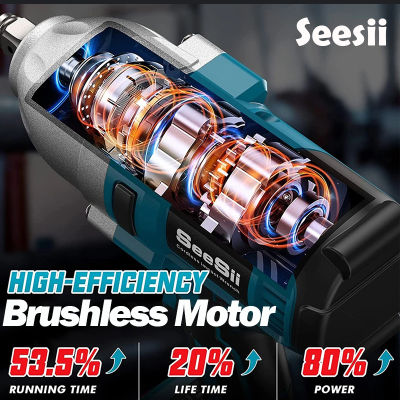 Seesii Electric Power Cordless Brushless Impact Wrench 580Ft-lbs (800N .M) 4.0Ah  3300RPM High Torque พลังงานไฟฟ้าไร้สายแบบไร้แปรงถ่าน1/2นิ้วแรงบิดสูง3300รอบต่อนาทีพร้อมแบตเตอรี่ เครื่องชาร์จและ6ซ็อกเก็ตเครื่องมือไฟฟ้าประแจกระแทกสำหรับรถบ้าน