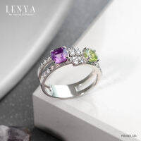 Lenya Jewelry แหวนอเมทิสต์(Amethys) เพอริดอท(Peridot) และคิวบิคเซอร์โคเนีย ตัวเรือนเงินแท้ ชุบทองคำขาว