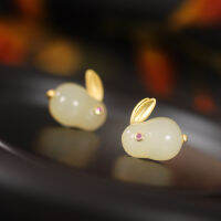 Chinese Style Classic 100 925 Silver Natural Nephrite Cute Rabbit Earring Necklace Ring Jewelry Sets for women Ethnic Jewelry