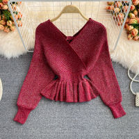 OCEANLOVE Shining Short Pull Femme Korean Solid Ruffles Batwing Sleeve Vintage  Sweaters Women V Neck Sueter De Mujer