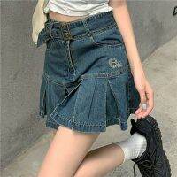 Kawaii Rok Denim Wanita, Rok Lipit Y2k โหมด Kasual Gaya Kampus Pinggang Tinggi Ramping Goth Mini Rok Pendek Huruf A