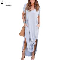 ☆BIG☆Women V-Neck Short Sleeve Solid Color Split Pocket Loose Long Maxi Dress