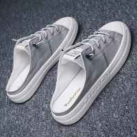 [Spot] Fashionable and comfortable mens sports shoes Korean lazy shoes summer breathable white mens casual canvas semi-plank shoes one pedal lazy mens shoes without heel cloth shoes trendy shoes