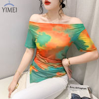 YIMEI เสื้อยืดผู้หญิงสวยๆ,เสื้อยืดแฟชั่นใหม่2023ฤดูร้อนพิมพ์ลายสีสันสดใสเสื้อตาข่ายออกแบบความรู้สึกไม่สม่ำเสมอ