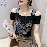 YIMEI เสื้อยืดผู้หญิงเสื้อเปิดไหล่เซ็กซี่ใหม่2023สองชั้นผ้าไหมน้ำแข็ง,เสื้อยืดผู้หญิงตาข่ายสีดำแขนสั้นผ้าไอซ์ซิลค์สวมใส่ในฤดูร้อน