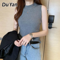 Du YAN เสื้อแขนกุดผ้าถักเซ็กซี่พร้อมสายเอี๊ยมขนาดเล็กสำหรับผู้หญิงเพื่อสวมใส่ Cewek Seksi สั้นเสื้อแขนกุดสั้นเสื้อคอเต่ายาวถึงก้นสีทึบ