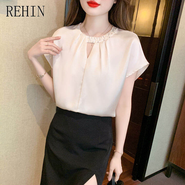 rehin-เสื้อเชิ๊ตผู้หญิงผ้าชีฟองแบบสวมหัว-เสื้อเชิ๊ตผู้หญิงผ้าชีฟองคอกลมสีทึบแฟชั่นใหม่ฤดูร้อน