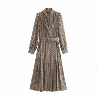 Aachoae Women Elegant Long Dress with Belt Chain Print Bow Tie Neck Office Lady Shirt Dress Long Sleeve Pleated Dress Vestidos