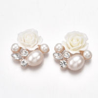 5pc Alloy Cabochons with ABS Plastic Imitation Pearl Resin and Acrylic Rhinestone Flower Light Gold White 24.5~26x25x8~10mm