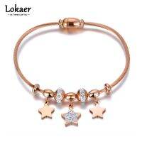 Lokaer Titanium Stainless Steel White CZ Crytal Star Charm Bracelets Bangle For Women Girls Trendy Magnet Buckle Bracelet B19148