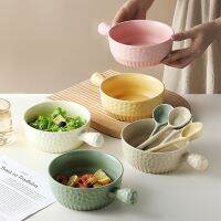 [COD] embossed handle bowl new ceramic baking instant noodle salad tableware with spoon