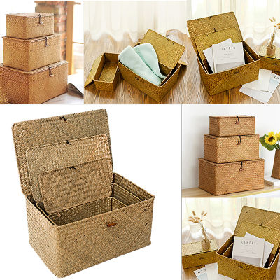 Wicker Storage Box Rectangular Seagrass Basket with Lid Rattan Storage Organizer Desktop Sundries Container Home Supplies