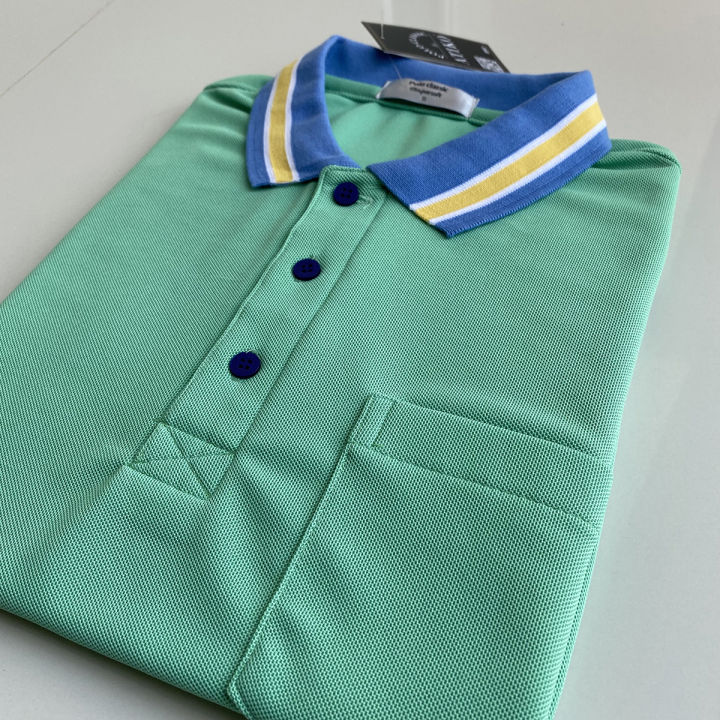 polo-shirt-เสื้อโปโล-ผ้าไมโครแอร์-micro-plus-สีเขียวมิ้นท์-ปกขลีปฟ้าเหลือง-สวมใส่สบาย-แบบคลาสสิค-ไม่เหมือนใคร-เหมาะสำรับอากาศในประเทศไทย