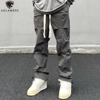 Aolamegs Trouser Men Pleated Design Hip Hop Tactical Cargo Loose Straight Pants Adjustable Leg Opening Harajuku Retro Streetwear