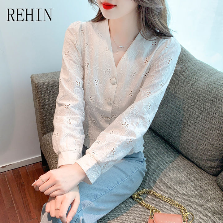 rehin-เสื้อผู้หญิงคอวีปักลาย-เสื้อแขนยาวนางฟ้าสวยๆสไตล์ฝรั่งเศสใหม่ฤดูใบไม้ผลิ