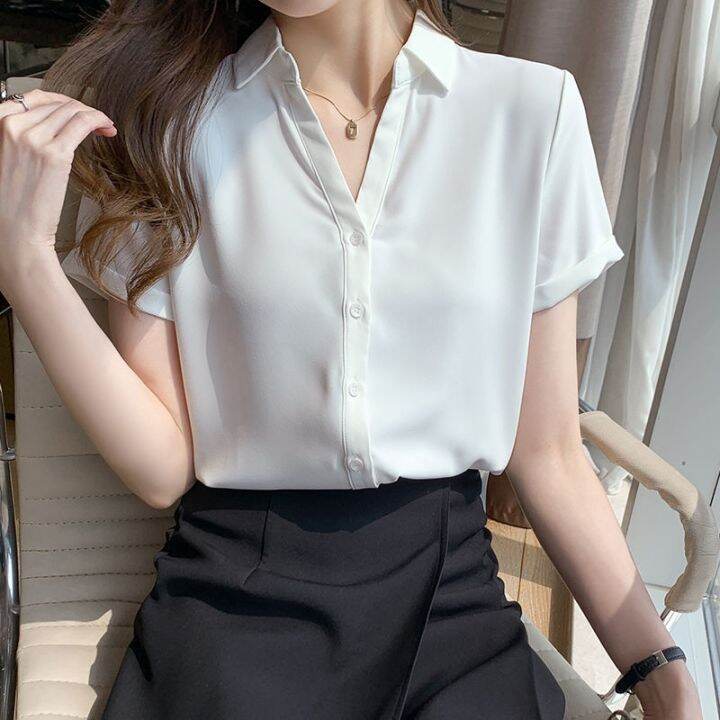 v-neck-white-chiffon-top-professional-female-a-short-sleeved-shirt-overalls-summer-dress-commuter-shimmy-temperament