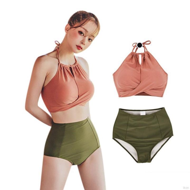 two-piece-set-high-collar-matching-bikini-swimsuit-high-waist-swimsuit-red-green-women-high-waist-halter-cross-strap-bandage-split-bikini-set-swimwear-beach-wear-water-sport-atti