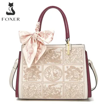 Foxer Leather Handbags for Women, Cow Leather Lock Chain Pattern Ladies Women's Designer Tote Bag with Adjustable Shoulder Strap Top Handle Bag