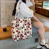 Large Capacity Women Thin Cloth Shoulder Bag Retro Floral Schoolgirl 39;s Book Tote Handbags Vintage Female Grocery Shopping Bags