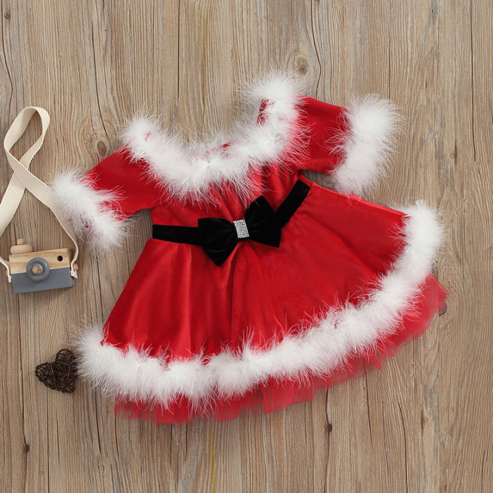 ชุดเดรสคริสต์มาสเด็กสาวกระโปรงฟองแขนยาวเปิดไหล่สีแดงชายเสื้อขนสีขาว1-7ปี
