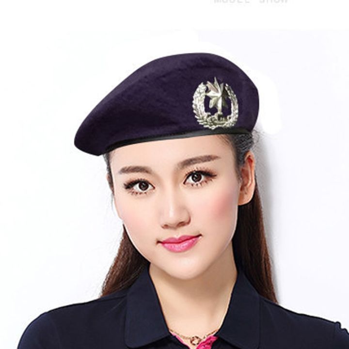 high-q-men-women-wool-felt-berets-metal-badge-decor-sailors-dance-performance-hat-trilby-military-fans-army-cap-adjustable
