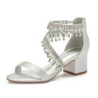 ☊ Block Heels Satin Crystals Tassels Wedding Sandals for Bride Open Toe Zipper Back Prom Evening Formal Party Dress Sandals Summer