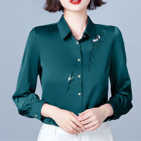 Vintage Womens Shirt Blouses for Women Solid Embroidered Long Sleeve Top Woman Polo Neck Clothing Female Button Up Basic Shirts