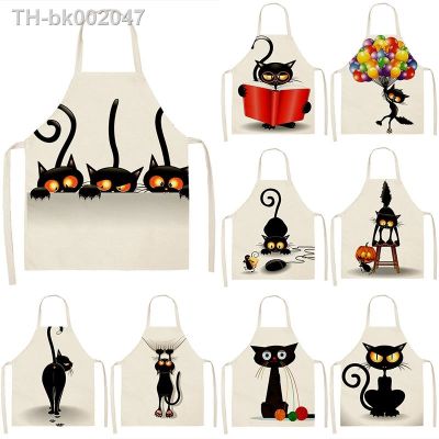 ☍ 1Pcs Black Cute Cat Pattern Kitchen Sleeveless Aprons Cotton Linen Bibs 55x68cm Household Women Cleaning Pinafore Home Cooking