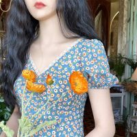 AimeiBeauty Korean blue v-neck puff sleeve floral dress