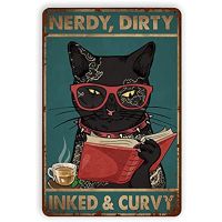 แมวดำอ่านหนังสือ Nerdy Dirty Inked Curvy โลหะดีบุกเข้าสู่ระบบ, วินเทจผนังตกแต่งวินเทจศิลปะดีบุกเข้าสู่ระบบตลกบ้านฟาร์มตกแต่ง 20 * 30 ซม