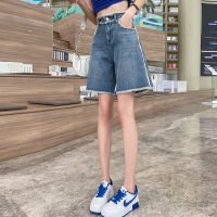 Spot parcel post Womens Cropped Denim Shorts Summer Thin High Waist Slimming a Word Version Pear-Shaped Body Loose Straight Wide Leg Burr