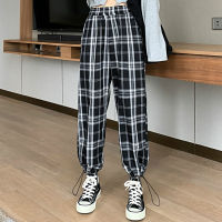 2021HOUZHOU Harajuku Plaid Pants Women High Waisted Korean Style Oversize Checkered Trousers For Female Straight Casual Bunch Legs