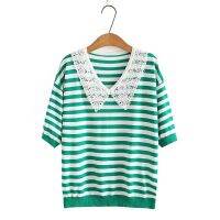 【มีไซส์ใหญ่】Plus Size Womens V-neck Knitted Summer Shirts Short Sleeve Striped Vintage Tops