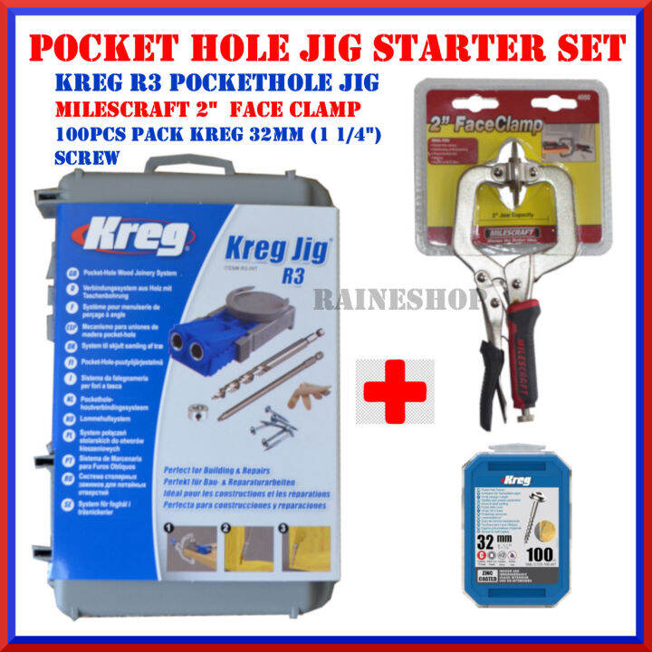 Pocket Hole Jig Starter Set Combo Kreg R3 + 2" Milescraft Mini Clamp