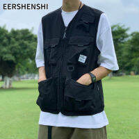 EERSHENSHI เสื้อกั๊กผู้ชาย,เสื้ออเนกประสงค์มีกระเป๋าด้านนอกเหมือนกันหมดเสื้อกั๊กฮิปฮอปแบรนด์น้ำขึ้นน้ำลง