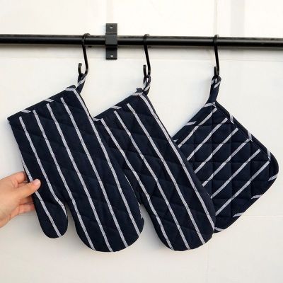 Striped Cotton Microwave Oven Gloves Insulation Pad Mat Sleeve Set Heat Resistant Mitten Baking Cooking Tool