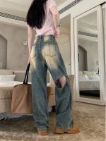 Uniqlo New Fashion version American ripped jeans for women in summer 2023 new retro color matching design high waist slim wide leg long pants