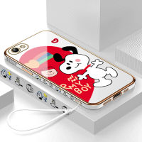 ฟรีสายคล้องเซลล์เคสโทรศัพท์สำหรับ Vivo Y71 Y71i 1801 1724การ์ตูนน่ารัก Snoopy ขอบสี่เหลี่ยมลวดลายเคสชุบหรูหราชุบเคสโทรศัพท์เคสโทรศัพท์นิ่ม