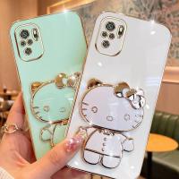 Folding Makeup Mirror Phone Case For Xiaomi Redmi Note 10 Pro Max Note 10S 4G  Case Fashion Cartoon Cute Cat Multifunctional Bracket Plating TPU Soft Cover Casing