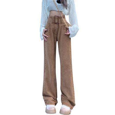กางเกงยีนส์อเมริกันวินเทจของผู้หญิงเอวสูงฤดูใบไม้ร่วงฤดูหนาว