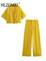 【DT】hot！ Nlzgmsj 2023 Woman 2 Piece Set Fashion Shirt Knot Short Top Dropping Pajama Pants Causal Outfits