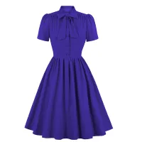 SISHION S-4XL Plus ขนาดผู้หญิงชุด SD0081ปุ่ม Royal Blue แขนสั้นสีทึบฤดูร้อนชุด Robe Vestido