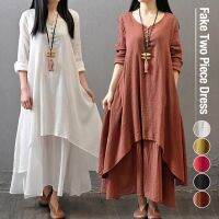 Womens Dress Long Dress Fashion Fake Two Pieces Loose Long Sleeve Art Big Swing Cotton Hemp Bohemian Cotton Vintage Women Dress