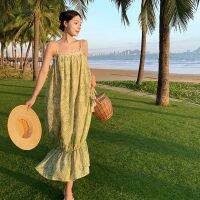 Peak green printing bud skirts long wave edge leisure relaxed lazy wind condole belt women dress