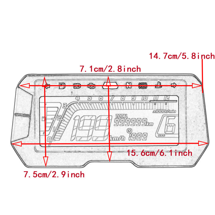 เครื่องวัดความเร็วดิจิตอล-lcd-มอเตอร์ไซค์อเนกประสงค์อมิเตอร์รถจักรยานยนต์12000รอบต่อนาทีเกียร์6สำหรับ2-4สูบเมตร